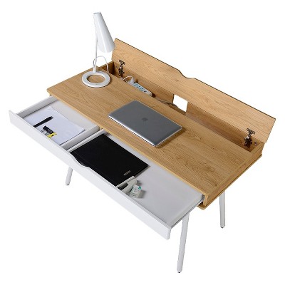 Pine and White Mid-Century Modern Desk with Multi-Storage