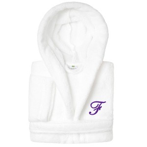 Personalized Linum Kids 100% Polyester SUPER PLUSH Double Brushed Hooded Bathrobe in Purple Script Font - 1 of 3