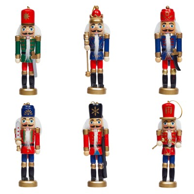 Juvale 6 Pack Rustic Christmas Ornaments, Wood Nutcracker Doll, 6 Assorted Designs 1.1 x 5 Inches