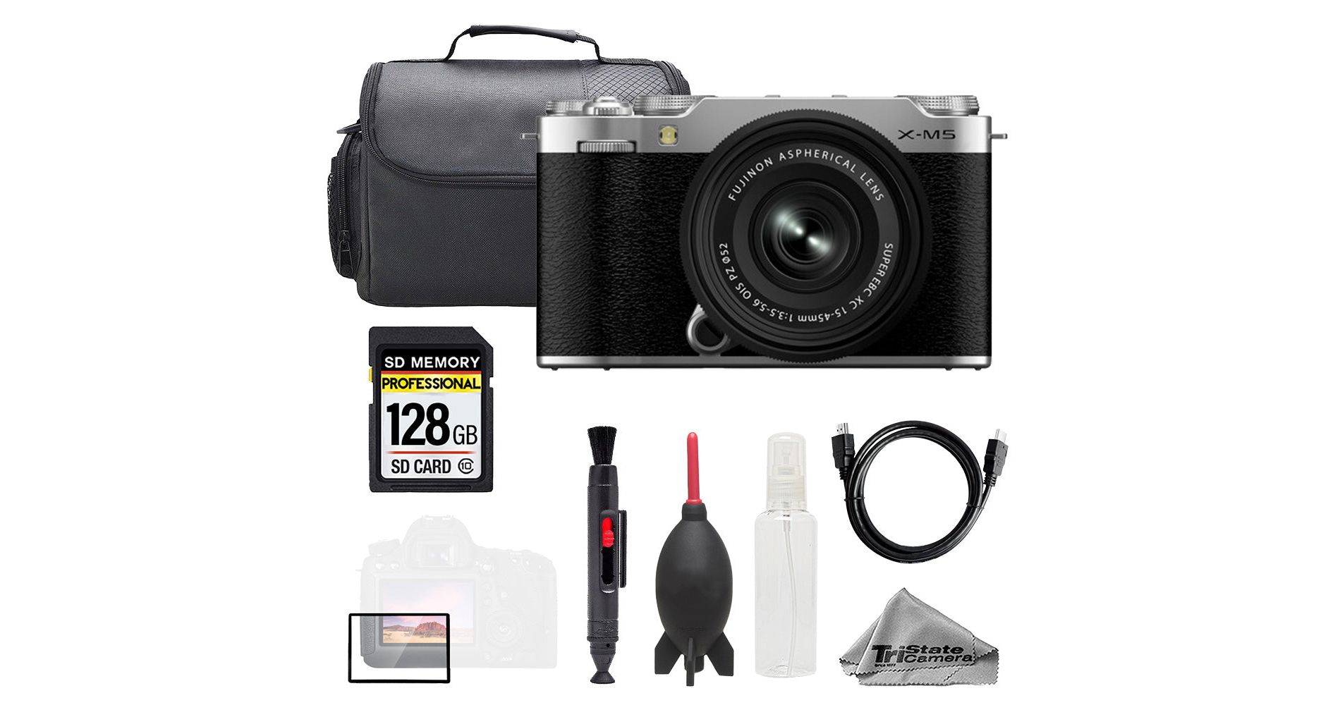 Fujifilm X-M5 Mirrorless Camera w/ XC 15-45mm Lens (Silver) Basic Kit with 128GB Memory Card, Camera Bag & Screen Protector