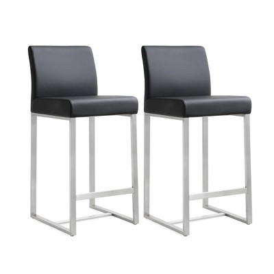 TOV Furniture Denmark Performance Vegan Leather Stool with Silver Base - Set of 2 Black 16"W x 18.5"D x 37"H