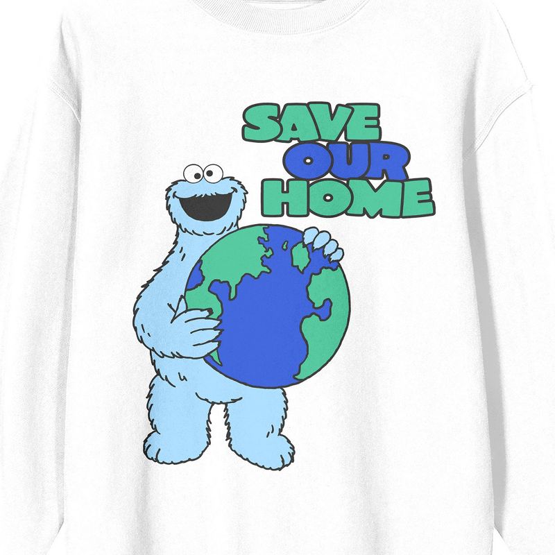 Sesame Street Cookie Monster Save Our Home Crew Neck Long Sleeve White Adult Sweatshirt, 2 of 4