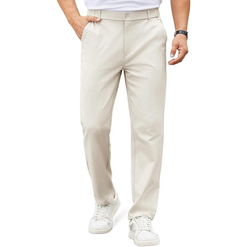 COOFANDY Mens Casual Chino Pants Elastic Waist Lightweight Trousers Classic-Fit Business Dress Pants with Pockets Beige 32W