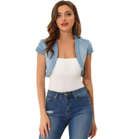 Allegra K Women's Casual Cap Sleeve Open Front Crop Denim Shrugs Light Blue  Small