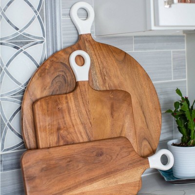 Large Round Acacia Wood Charcuterie Board with White Handle