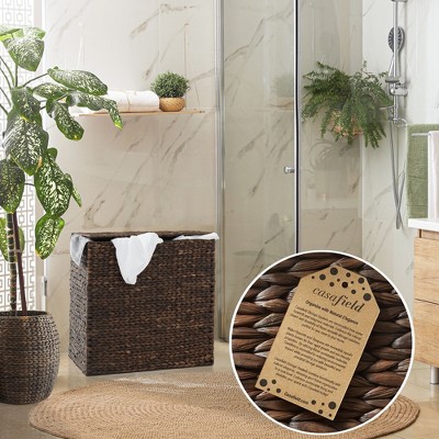 Espresso Woven Water Hyacinth Double Laundry Hamper with Lid