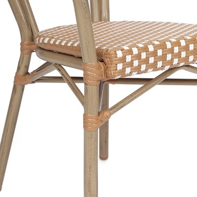 Natural & White Wicker Rattan Outdoor Bistro Chair with Arms