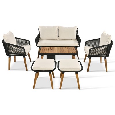 COWLOWN Gray 6-Piece Outdoor Patio Furniture Set with Bar Table & Ice Bucket, onversation Set with Ottomans for Porch, Backyard, or Balcony