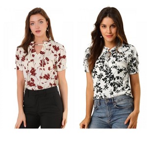 INSPIRE CHIC Women's Ruffle Tie V-Neck Casual Smocked Short Sleeve Floral Top 2 Packs - 1 of 4