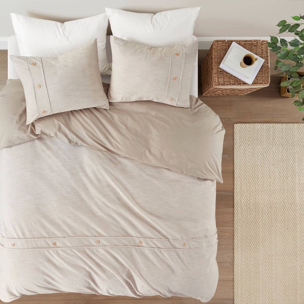 Photos - Bed Linen 3pc Full/Queen Reese Organic Cotton Oversized Duvet Cover Set Beige - Clea