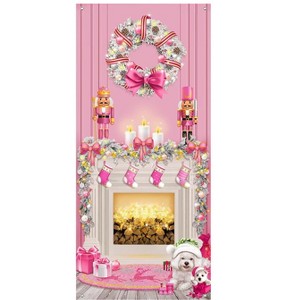 Aoibox Christmas Door Cover 1 Piece 6.5 x 3 ft Pink Fireplace Nutcracker Puppy Banner with Rope for Holiday Party Photo Backdrop - 1 of 4