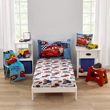 Disney Cars Radiator Springs White, Blue, and Red 2 Piece Toddler Sheet Set - Fitted Bottom Sheet and Reversible Pillowcase