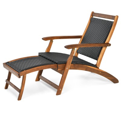 Tangkula 2PCSPatio Folding Rattan Chaise Lounge Chair Acacia Wooden Frame W/ Retractable Footrest for Poolside&Patio