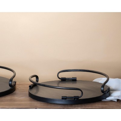 Small Round Dark Metal and Wood Tray with Handles