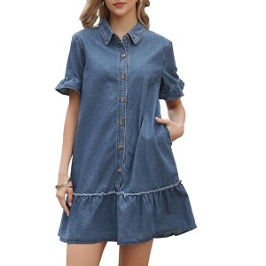 INSPIRE CHIC Women's Denim Ruffle Sleeve Button Up Turndown Collar Casual Shift Mini Jean Dresses - 1 of 4