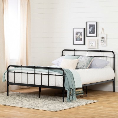 Queen Black Metal Platform Bed with Headboard and Slats