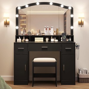 Vanity Desk, Makeup Vanity Desk with Mirror & 9 LED Light Bulbs, Large Drawers and Three Level Storage & Tiers of Open Shelves for Bedroom, White - 1 of 4