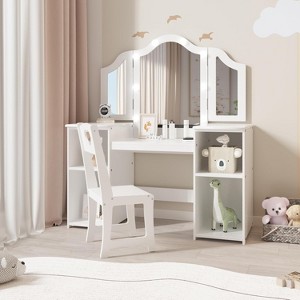 Garvee 2 in 1 Wooden Princess Makeup Desk Dressing Table, Kids Vanity with Mirror, Light,Stool & Drawer,White - 1 of 4
