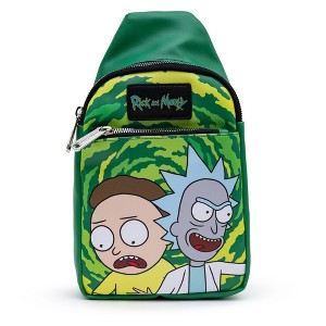 Rick and Morty Bag, Sling, Rick and Morty Get Schwifty Portal Pose Greens, Bounding, Vegan Leather - 1 of 4