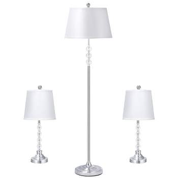 Tangkula 3PCS Lamp Set Modern Chrome Finish Lamps, Floor Lamp and Table Lamps Set with Soft Pleated White Fabric Shades (Chrome)