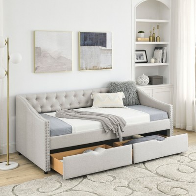 Full Size Upholstered Button Tufted Sofa Bed with Drawers and Waved Shape  Arms, Gray - ModernLuxe