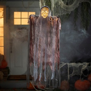 Morris Costumes 4 Ft. Hanging Orange Light-Up Skeleton Face Reaper Halloween Decoration - 1 of 2