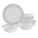 Gibson Cane Peak 12 Piece Opal Glass Dinnerware Set in White With Grey Accents