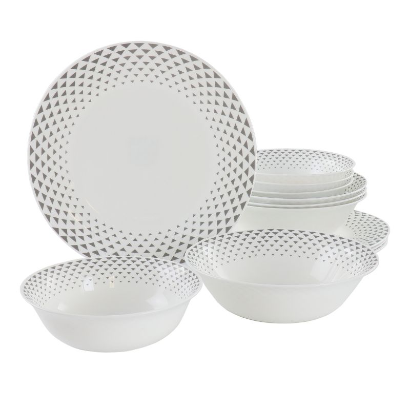 Gibson Cane Peak 12 Piece Opal Glass Dinnerware Set in White With Grey Accents, 1 of 7