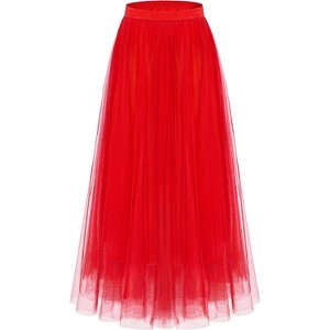 Women's 2-Layer Tulle Midi Skirt - Tiered A-Line Long Skirt with Elastic Waist for Winter Red - 1 of 4