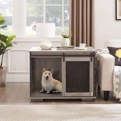 Farmhouse Dog Crate Furniture with Sliding Barn Door, Wooden Dog Kennel End Table with Flip-Top & Divider for Small/Medium/Large Dogs, Gray - Nertpow