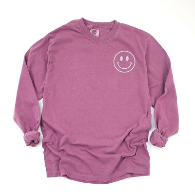 Simply Sage Market Women's Embroidered Smiley Face Outline Long Sleeve Garment Dyed Tee
