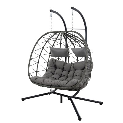 Okak 2-Person Egg Swing Chair with Stand,Indoor Outdoor,Patio Wicker Hanging Chair,Hammock Swing Chair for Patio,Living Room,Balcony
