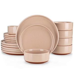 vancasso18 Piece Set With Curved Edge Sesame Glaze, Pink plate surface Khaki plate bottom, With 6 dinner plates/dessert plates/cereal bowls - 1 of 4