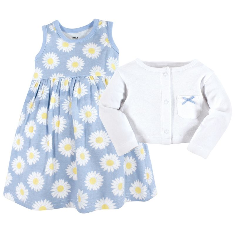 Hudson Baby Infant Girl Cotton Dress and Cardigan Set, Blue Daisy, 3 of 6