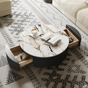 POVISON 35" Round Drum Sintered Stone Coffee Table with Storage, Modern Wood Coffee Table with 2 Drawers, Fully Assembled, Black & White - 1 of 4