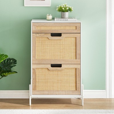 Rattan Shoe Cabinet for Entryway, 2-Flip Drawer Storage Organizer with Adjustable Shelf, Narrow Freestanding Hidden Shoe Rack for Home Storage