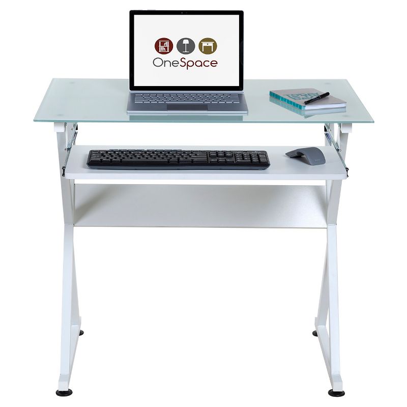 Ultramodern Glass Computer Desk, Pull-Out Keyboard, Steel Frame - OneSpace, 3 of 9