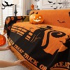 Hachikiko Halloween Orange & Black Sofa Throw Blanket - Witch, Black Cat, Bats & "Trick or Treat" Pattern Couch Cover for Living Room - 3 of 4