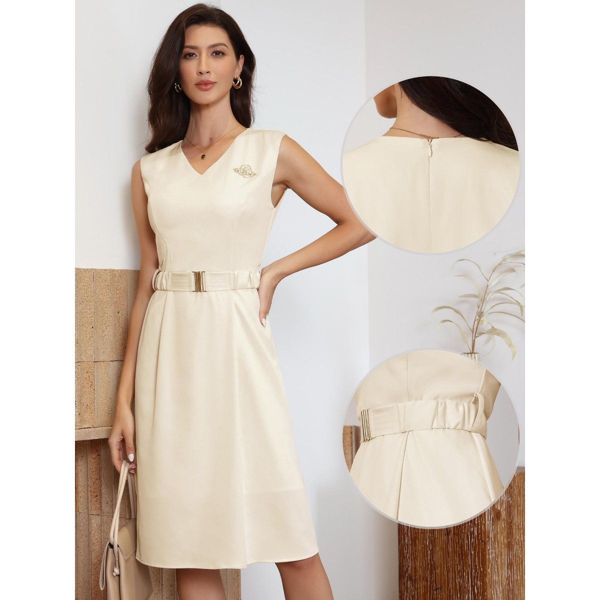 Женские платья INSPIRE CHIC Women's Work Elegant V Neck Sleeveless Belted Office Business Sheath Midi Dresses X-Large Apricot — фото 2