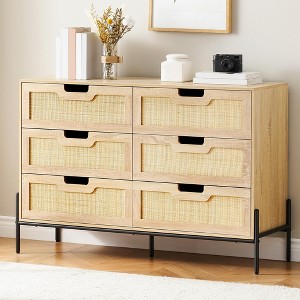 Natural Rattan 6 Drawer Dresser, Wooden Chest of Drawer, Farmhouse Storage Cabinet with Metal Legs, Modern Dresser - 1 of 4