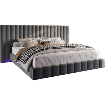 AMERLIFE Bed Frame with LED Lights and Upholstered Headboard, Velvet Platform with Floating Design
