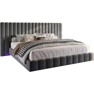 AMERLIFE Bed Frame with LED Lights and Upholstered Headboard, Velvet Platform with Floating Design - 1 of 4