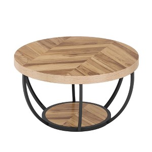 Resenkos Wooden Coffee Table, 2-Tier Round Central Cocktail Table with Shelves,Natural Brown - 1 of 4