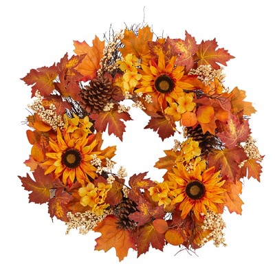 Nearly Natural 28-in Autumn Maple Leaves, Sunflower, White Berries and Pinecones Artificial Fall Wreath