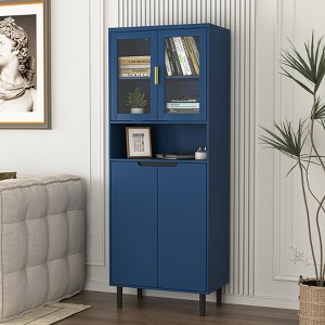 Tall Storage Cabinet with Tempered Glass Doors, Adjustable Shelves, 4 Doors, MDF Painted Finish, Bookcase for Living Room Bedroom Office - 1 of 4