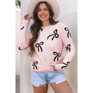 Light Pink Bow Pattern Knitted Loose Fit Sweater : Target
