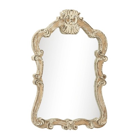 Wood Carved Acanthus Wall Mirror With Arched Top And Distressing