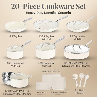 Cream 20-Piece Nonstick Stainless Steel Cookware Set with Lids