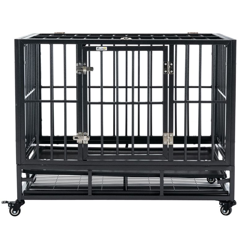 PawHut Heavy Duty Dog Crate Dog cage Kennel with Lockable Wheels, Double Door and Removable Tray, Grey, 5 of 9