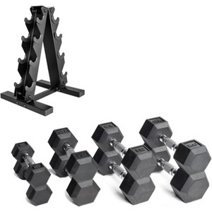 Rubber Coated Dumbbell Weight Set with Vertical Rack, Free Weights for Home Gym Strength Training - 1 of 4